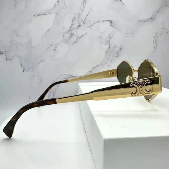 Celine Triomphe Gold Metal Hexagon Sunglasses 54mm Authentic CL40254U 30N - Picture 2 of 16